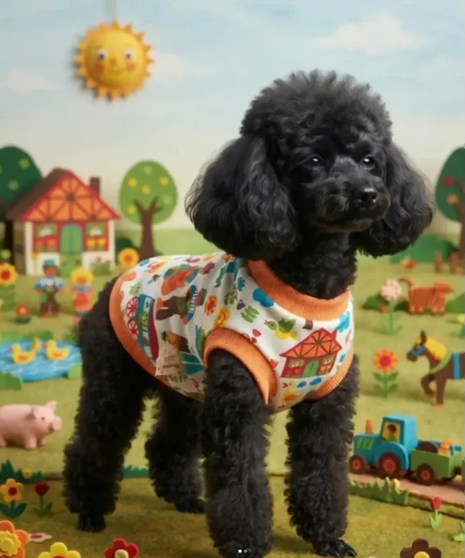 Çiftlik desenli atlet giymiş siyah poodle