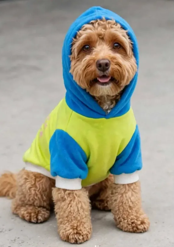 Lime ve mavi kapüşonlu giymiş köpek