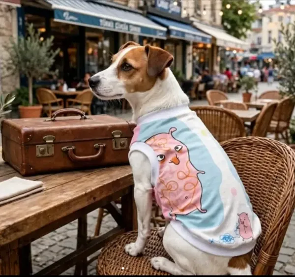 Pastel baskılı tişört giymiş Jack Russell